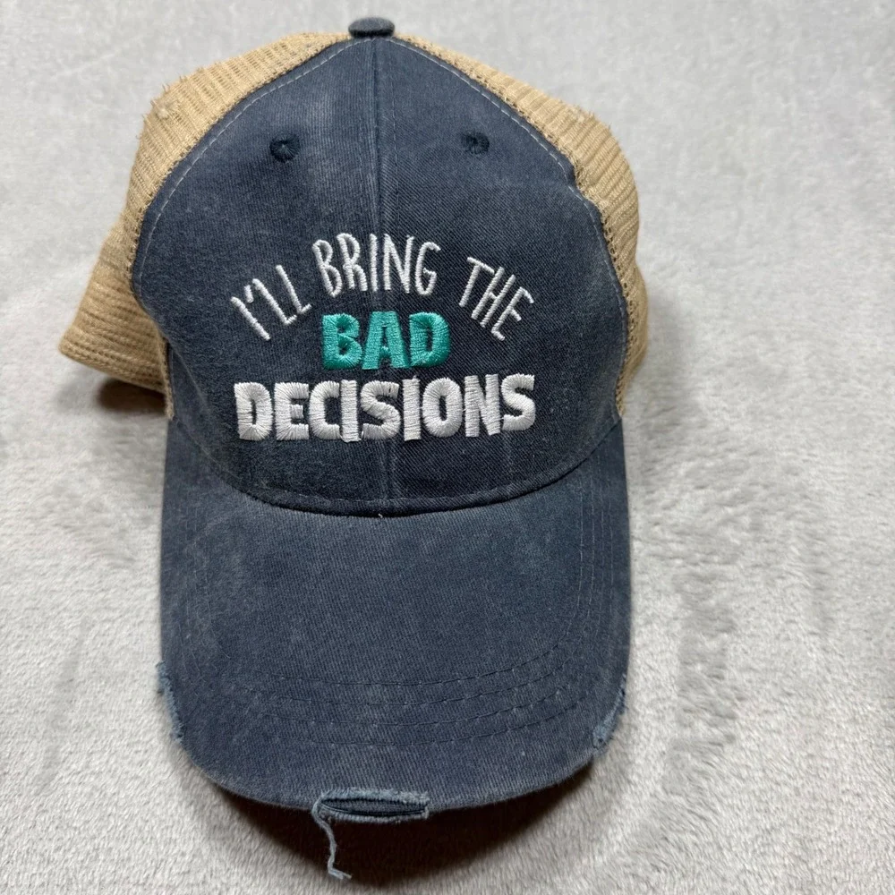Piper Lou Navy Blue‎ Cotton Bad Decisions Trucker Hat Distressed OSFM Summer